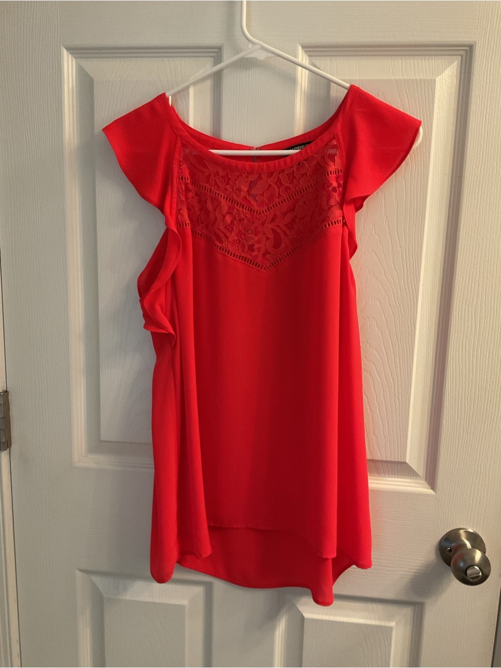 Red-Orange Lace Yoke Ruffle Shoulder Women's Top